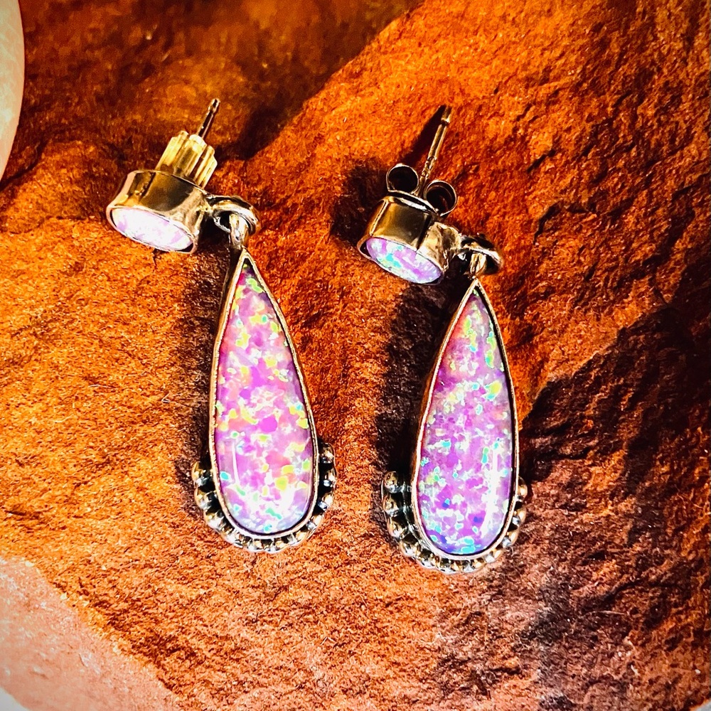 Running Bare pink opal, 925 sterling silver earrings, pierced.